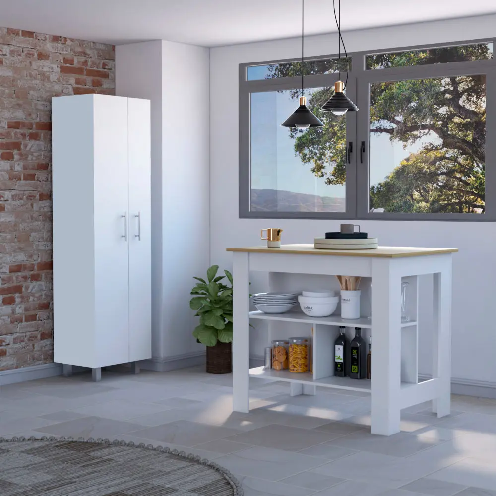 Hayne 9 Shelf 2 Door 2 Piece Kitchen Set Kitchen Island and Pantry White furniture max