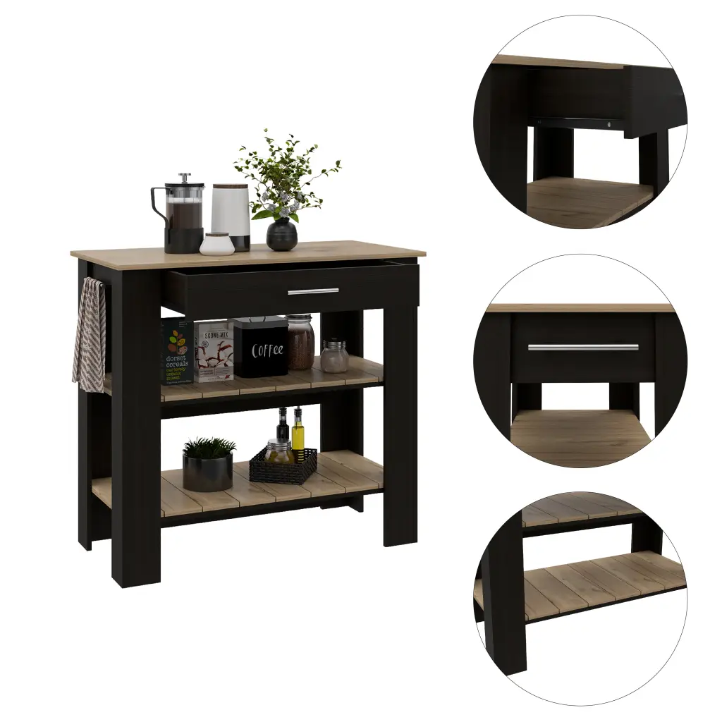 Rockaway 1 Drawer 2 Shelf Kitchen Island Black Wengue and Light Oak furniture max