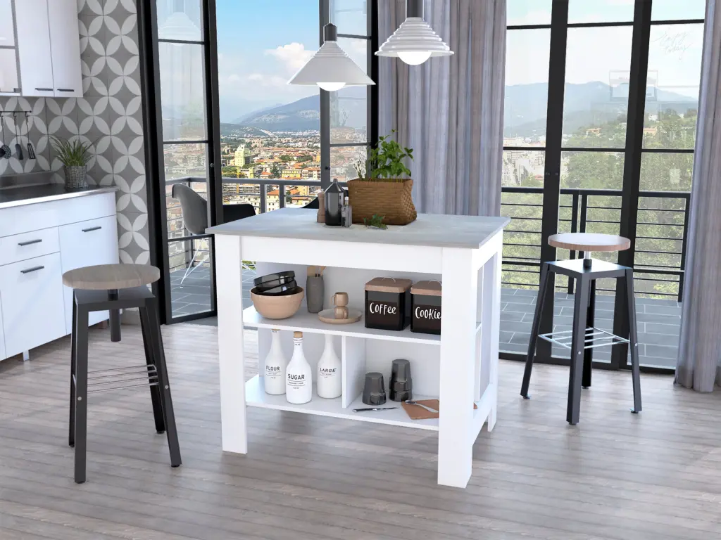 Rockaway 3 Shelf Kitchen Island White And Ibiza Marble Top furniture max