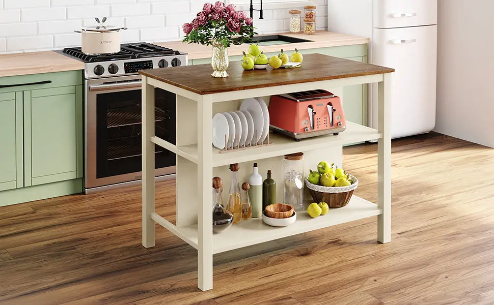 Solid Wood Rustic 3 Piece 45 Inch Stationary Kitchen Island Set 2 Seating Stools topmax