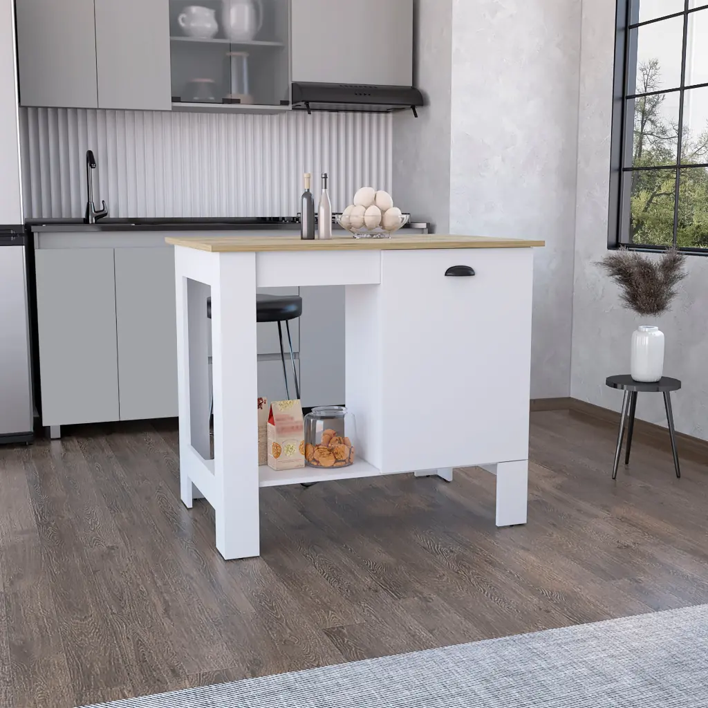 Atenea Kitchen Island Single Door Cabinet Shelf White Macadamia Storage Furniture tuhome