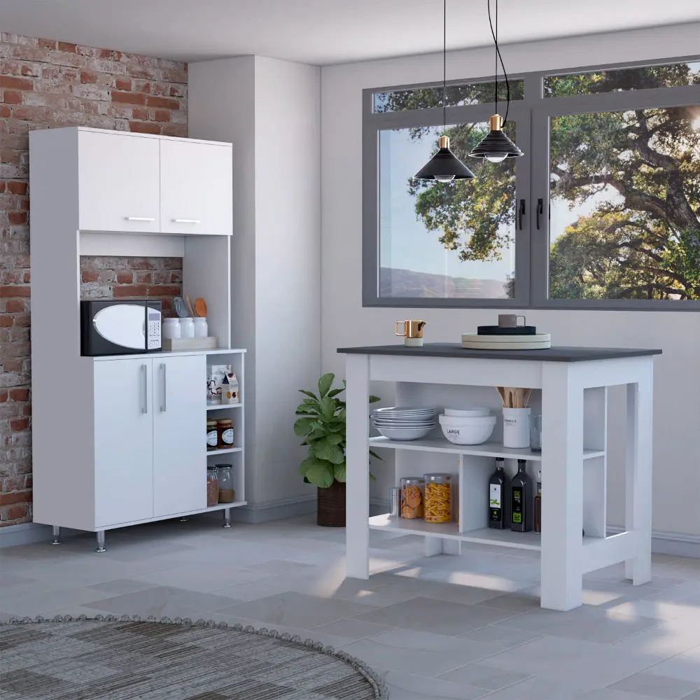 White And Onyx 2 Piece Kitchen Set Island And Pantry Cabinet furniture max