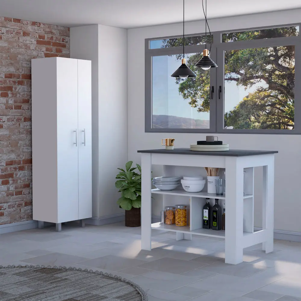 White and Onyx 2 Piece Kitchen Set Island and Pantry Cabinet Combo furniture max