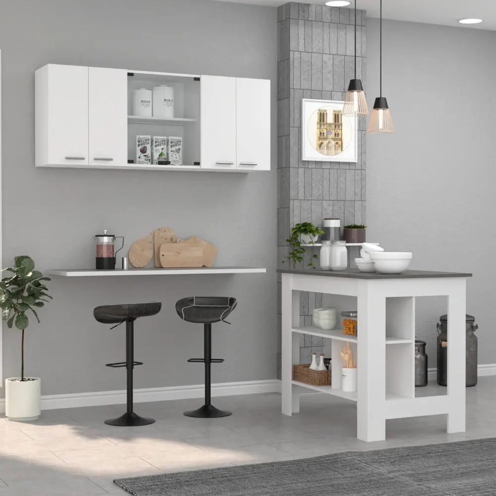 White and Onyx 2 Piece Kitchen Set Kitchen Island and Wall Cabinet furniture max
