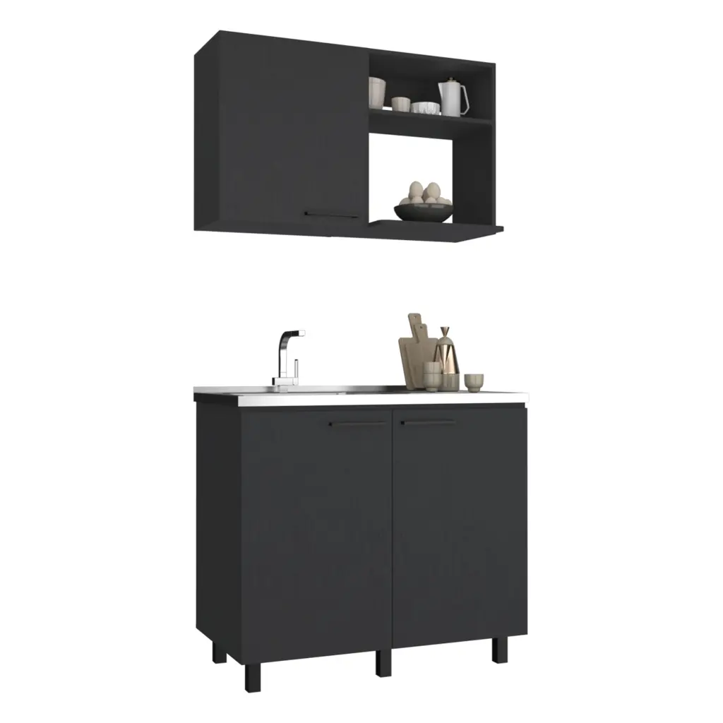 Alexandria 2 Piece Kitchen Set Wall Cabinet Functionality Sink Black treevol furniture