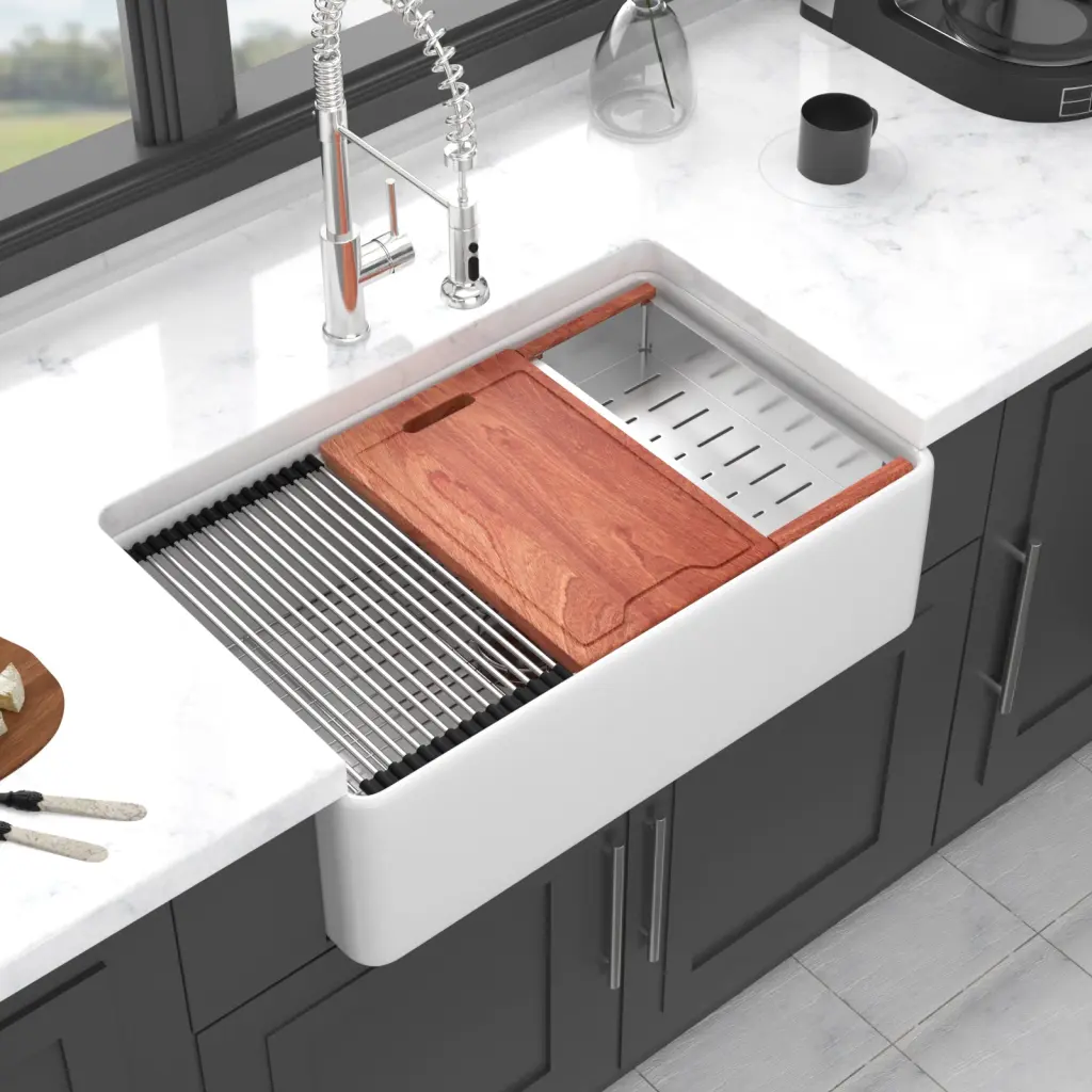 33X20 Inch White Farmhouse Sink Workstation Ceramic Single Bowl lordear