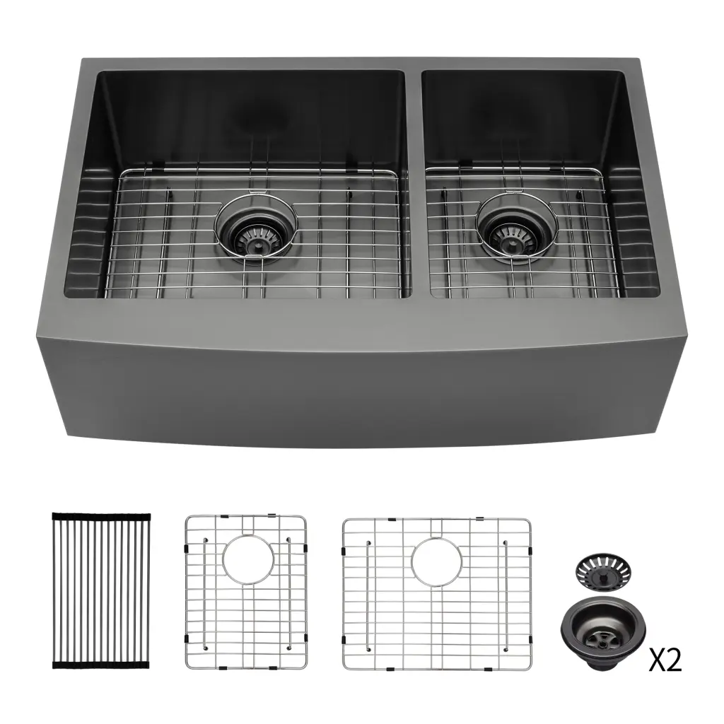 Gunmetal Black Double Bowl 60 40 Farmhouse Sink 36X21X10 Stainless Steel lordear
