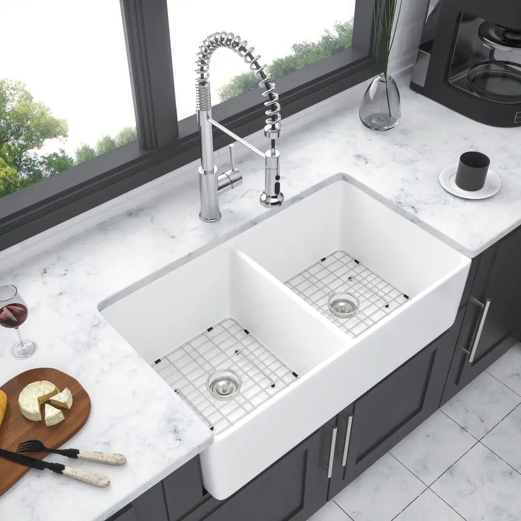 32 Inch White Farmhoutilize Sink Ceramic Double Bowl Apron Front lordear