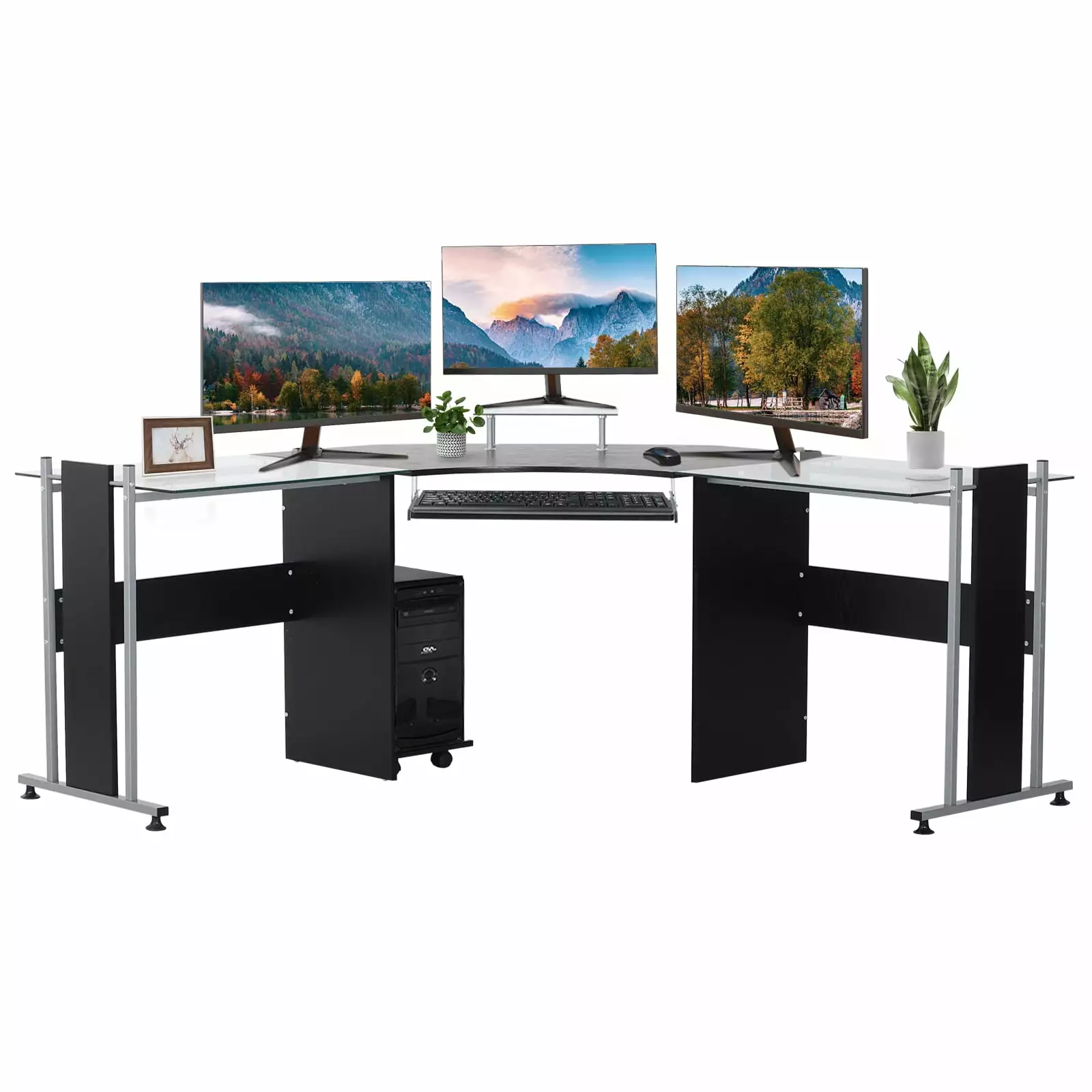 HOMCOM 69 Modern L-Shaped Tempered Glass Office Computer Desk Elevated Monitor Stand Rolling CPU Holder Pull Out Keyboard ...