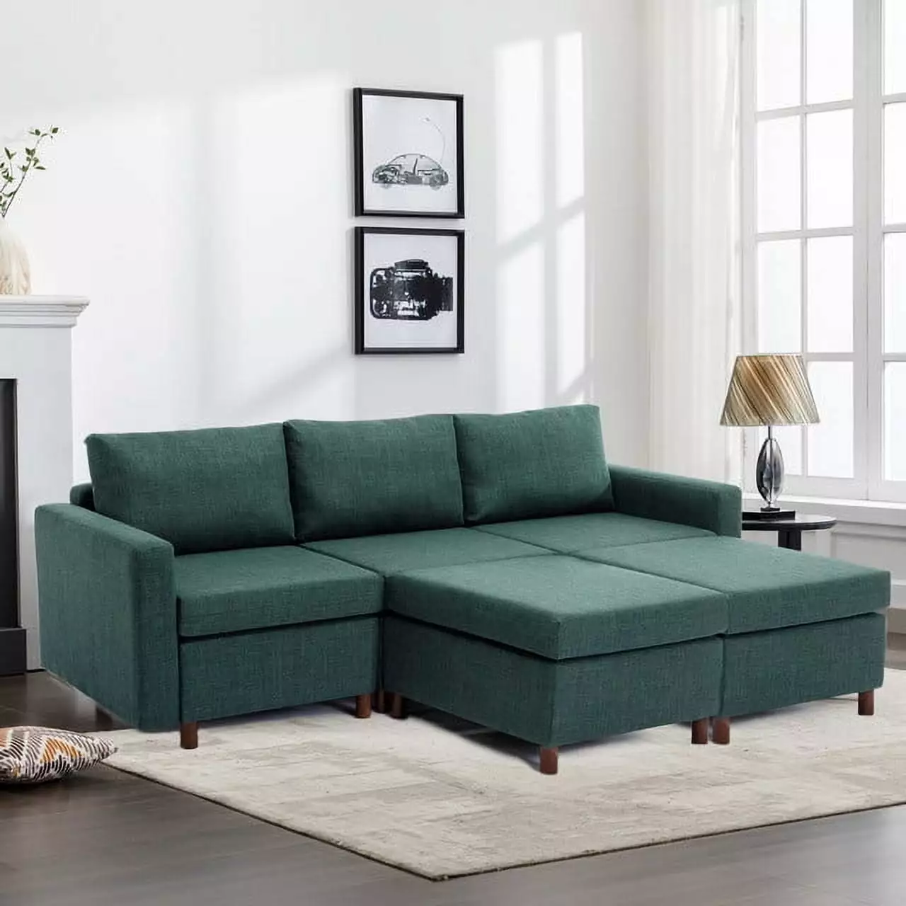 Modern 3-Seat Green Sectional Sofa 2 Ottomans Soft Linen Upholstery High-Density Foam Cushion Ponnky