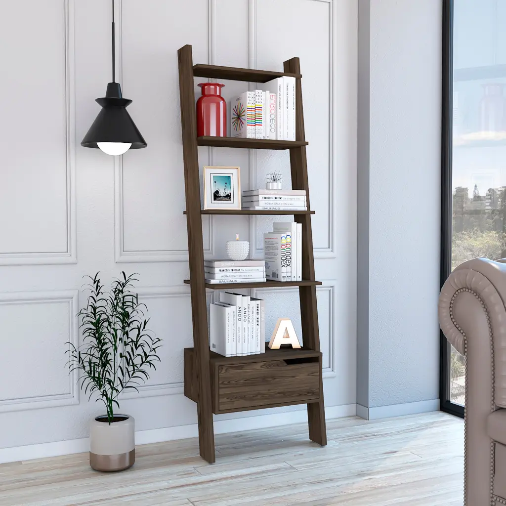 Hamburg Ladder Bookcase Five Open Shelves and One Drawer fm furniture