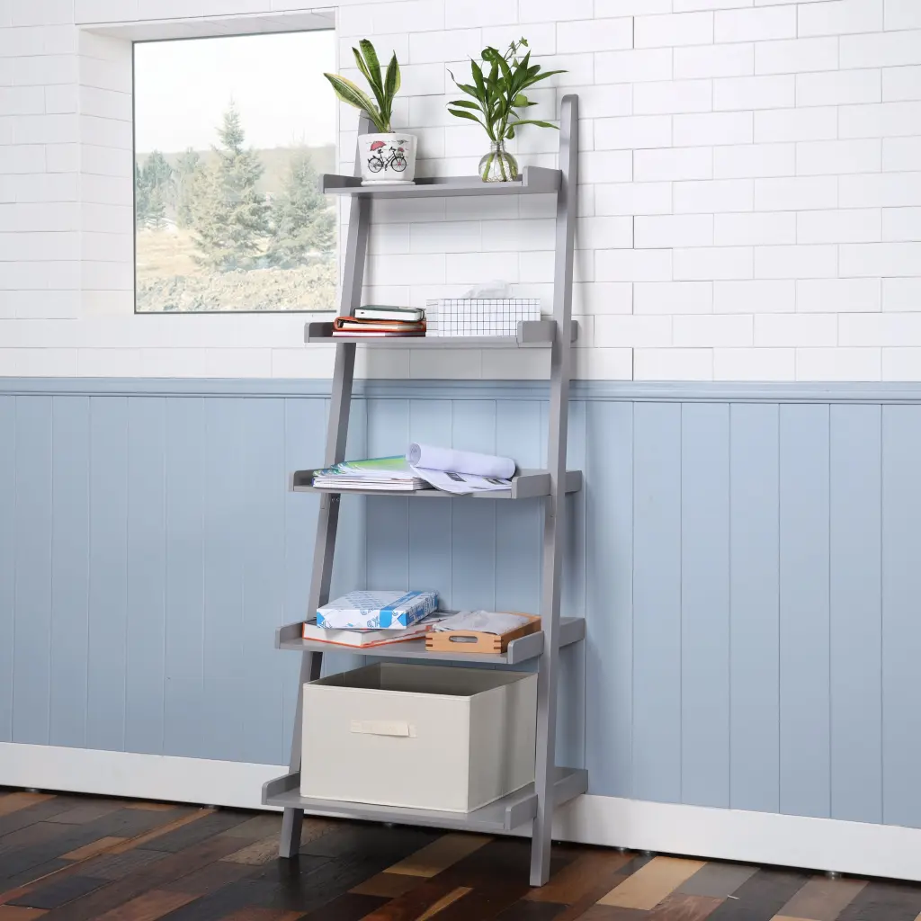 5 Tier Ladder Shelf Grey Wood Storage Organizer ws furniture