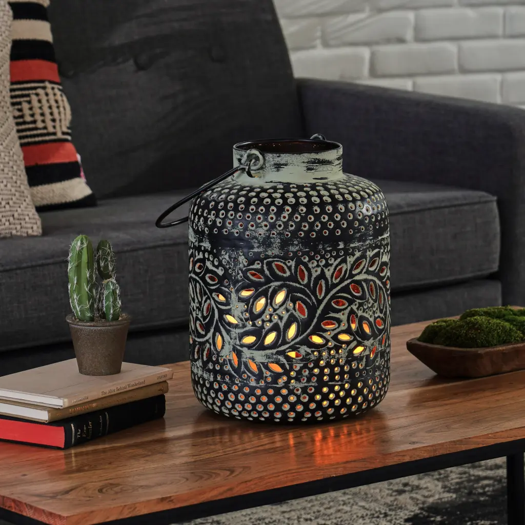 Boho Artisan-made Small Decorative Lantern Blackish Green Iron nh-home living