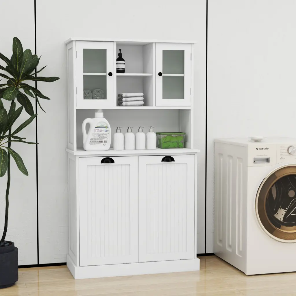 Two-Compartment Tilt-Out Dirty Laundry Bin Tall Bathroom Cabinet aneway furniture