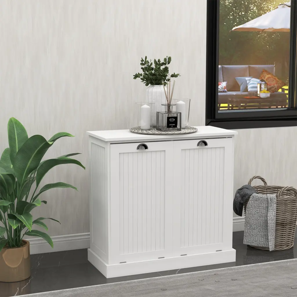 White MDF Two Compartment Tilt Out Laundry Sorter Cabinet rnb