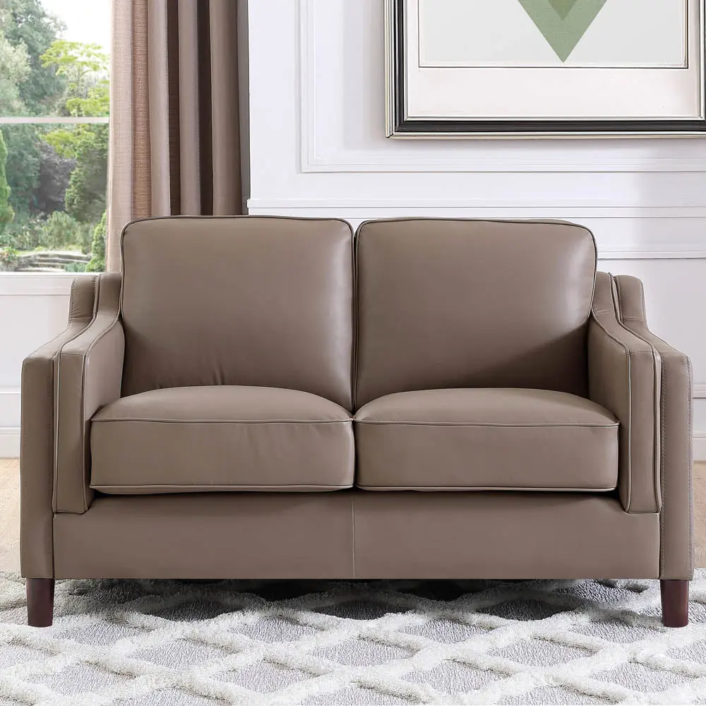 Bella Top Grain Leather Loveseat Taupe Brown Wood Frame hydeline furniture