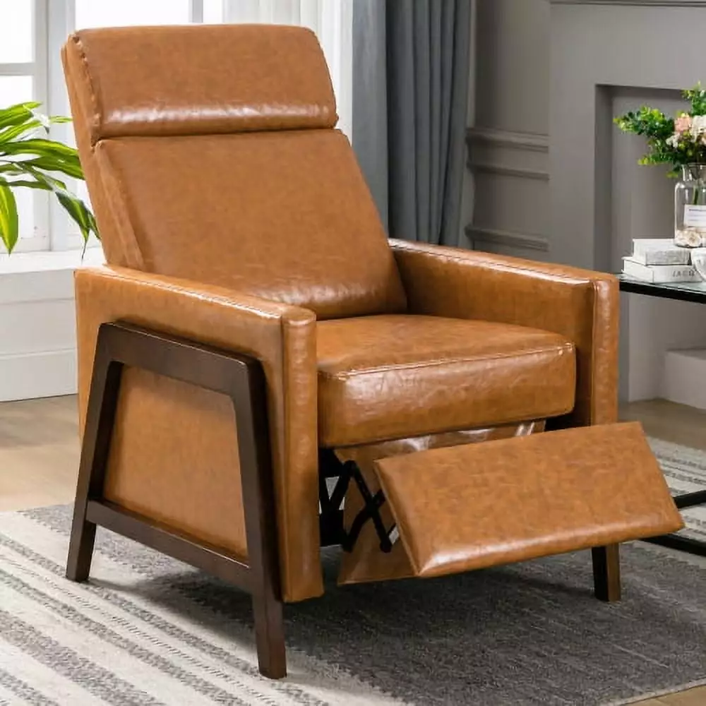 Wood-Framed PU Leather Recliner Chair Adjustable Home Theater Seating Thick Cushion Brown NOBRAND