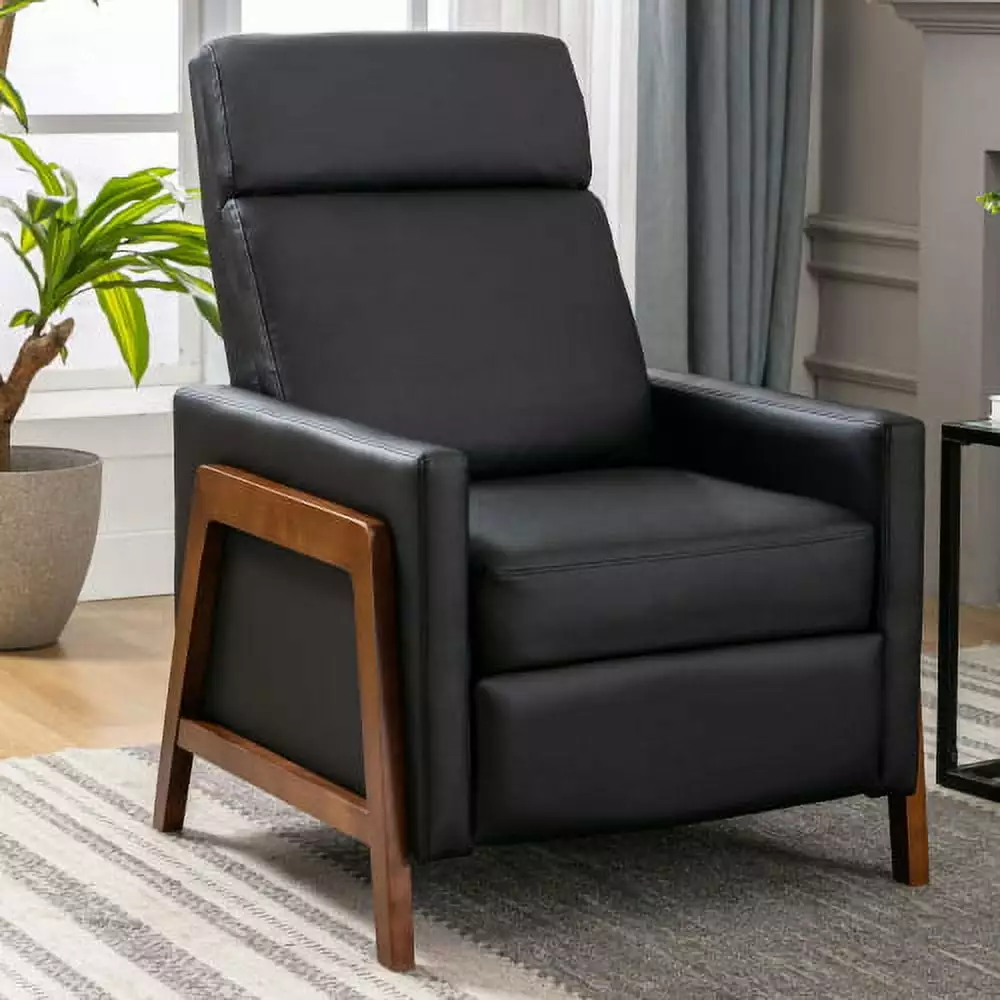 Wood-Framed PU Leather Recliner Chair Adjustable Home Theater Seating Thick Cushion Black NOBRAND