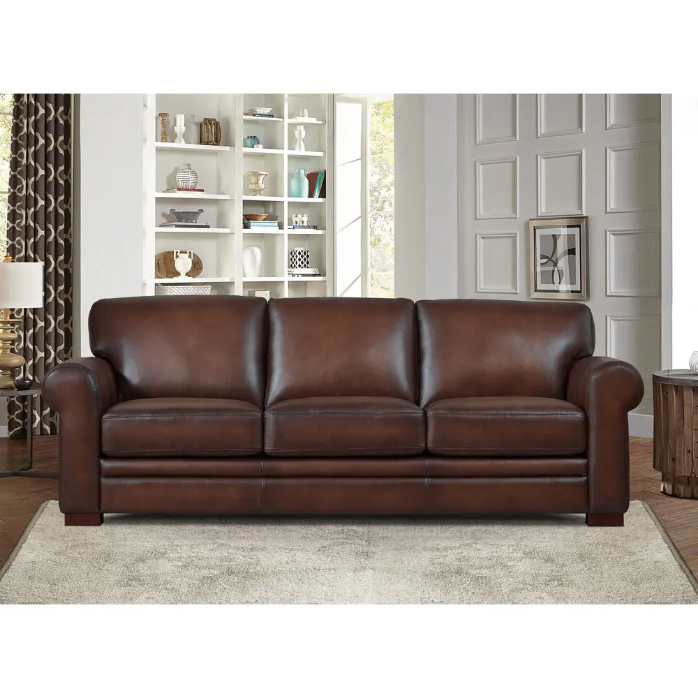 Brookfield Top Grain Leather Sofa Couch Caramel Authentic Leather Wood Frame hydeline furniture