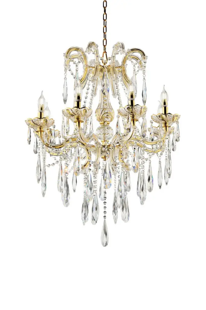 35 Inch Tall Luminere 8 LED Light Chandelier Crystals, Matte Gold Accent california home