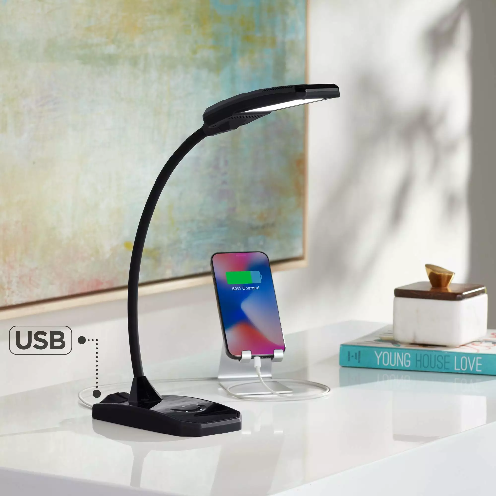 360 Lighting Ricky Modern Desk Lamp 13 3/4 High Black USB Charging Port LED Gooseneck Touch On Off Dimmer