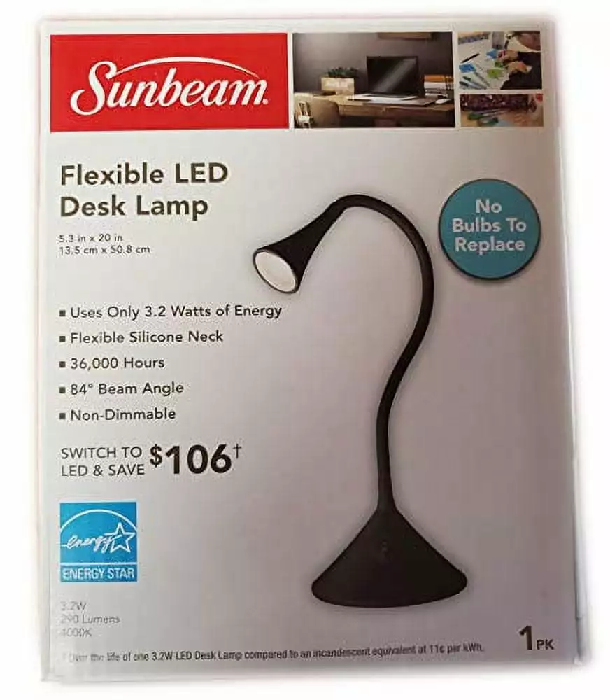 Black Sunbeam Flexible LED Desk Lamp No Bulbs to Replace 5.3x20in 3.2W 290 Lumens 4000K 36000 Hours Non-Dimmable