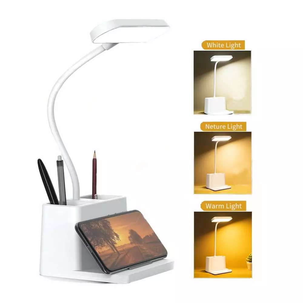 BLUELK LED Desk Lamp Pen Holder USB Charging Port Small Study Lamp Home Office Dorm