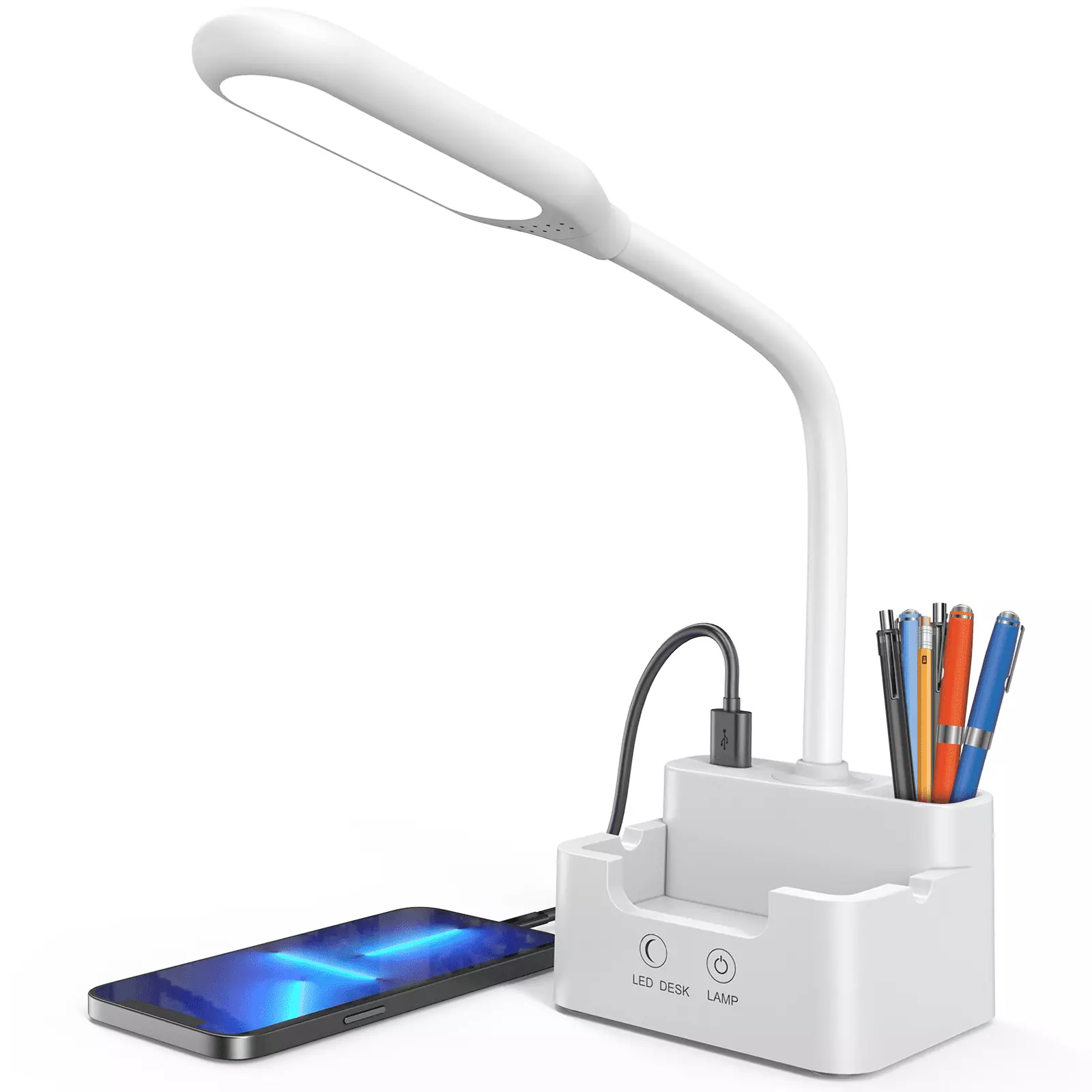 SUGARDAY Small LED Desk Lamp USB Port Gooseneck Lamp White Office Home