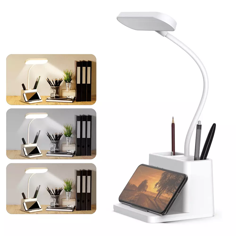 SUPTREE LED Desk Lamp Pen and Phone Holder 3 Modes Dimmable USB Port Office Home Table Lamp