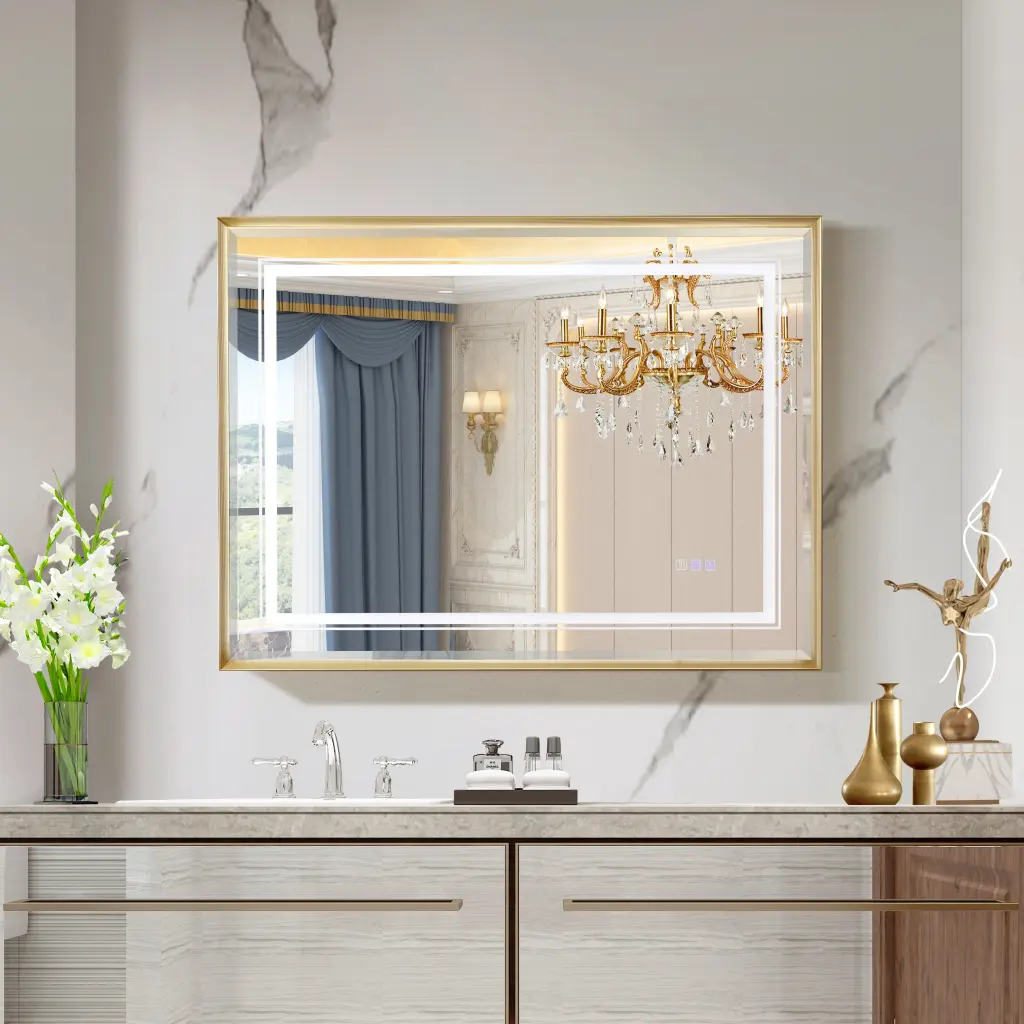 40x30 Inch LED Bathroom Beveled Mirror 3000-6000K Gradient Front and Backlit Modern Design aialmc w2091