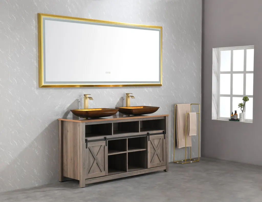 84 Inch W X 36 Inch H Oversized Rectangular Gold Framed LED Mirror w1272-deen