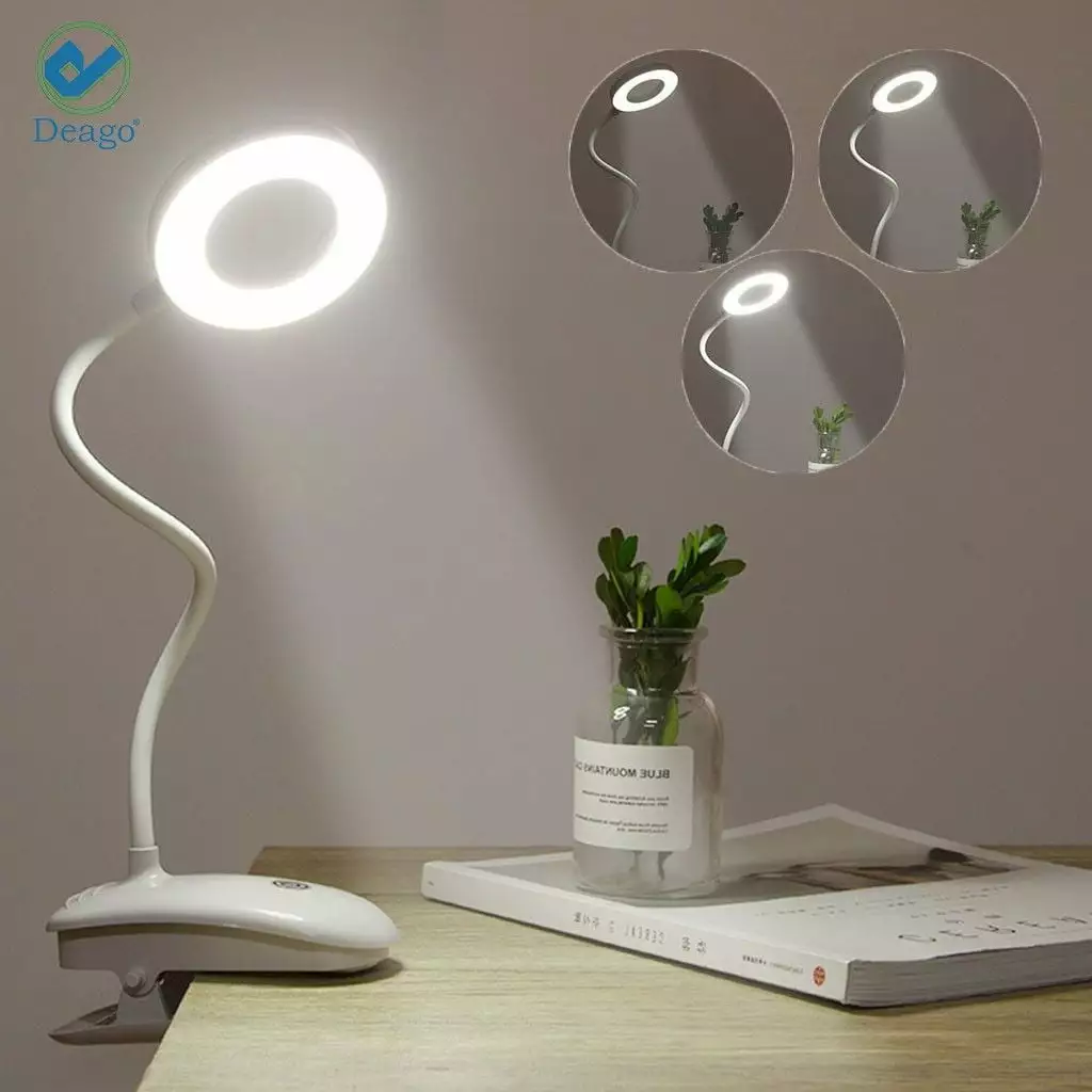 Deago Clip On Desk Light Reading Ring LED Lamp 3 Brightness Modes 360° Flexible Gooseneck