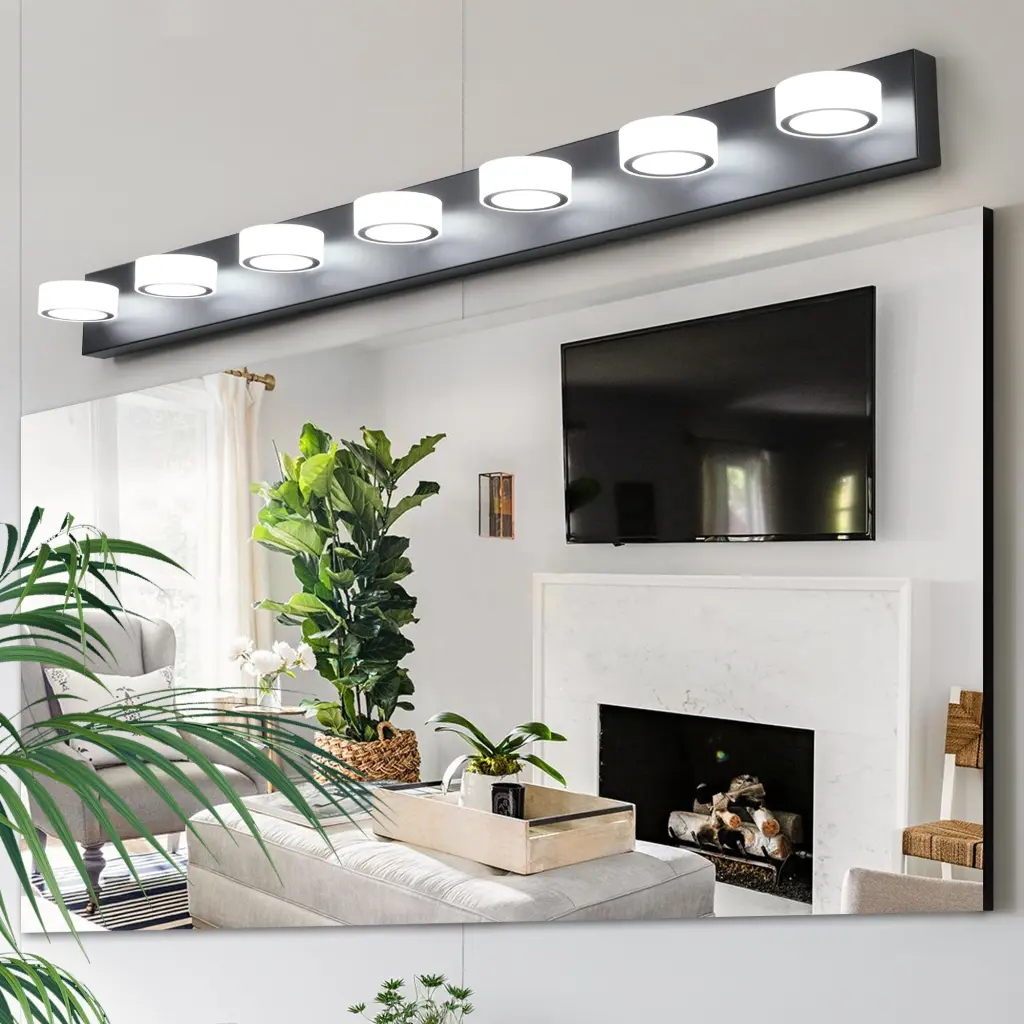 Modern 7 Light LED Vanity Light Fixture Black Iron Finish Acrylic Shades lighting commune