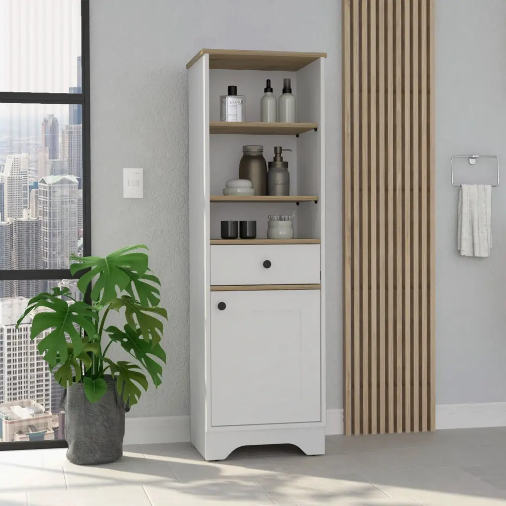 55H Linen Single Door Cabinet Three External Shelves One Drawer and Two Doors rta mubles colombia