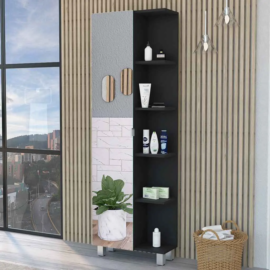 Los Angeles Linen Cabinet Mirror, Five Shelves Black MDF Bathroom rta mubles colombia