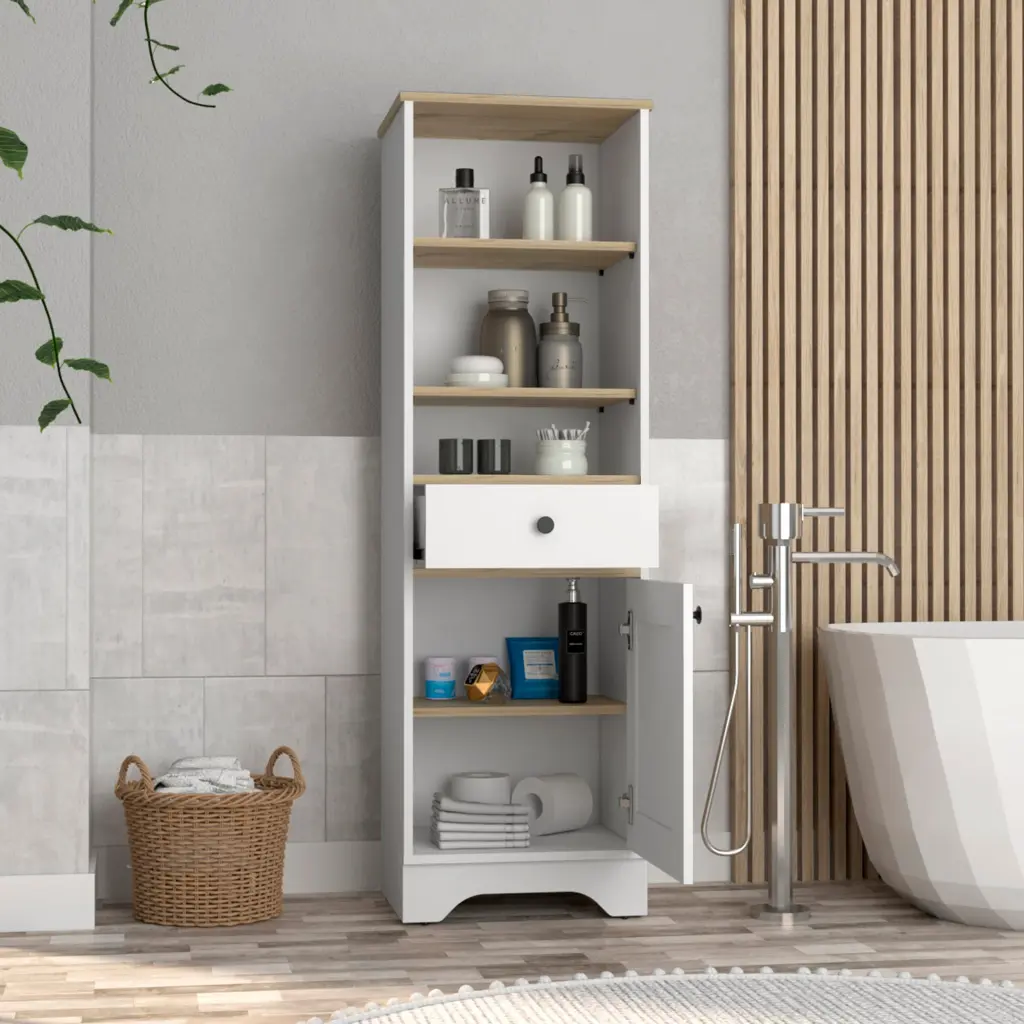 Linen Cabinet Burnedt Multiple Shelves Light Oak White Finish Storage treevol furniture