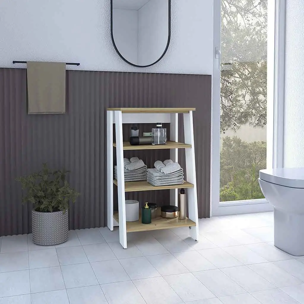 Linen Cabinet Jenne Four Open Shelves Light Oak White Finish treevol furniture