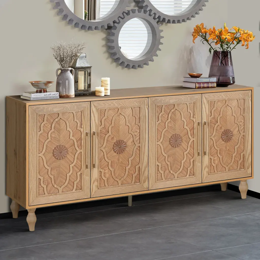 Carved Flower Door Large Storage Cabinet Metal Handle Living Room Or Bedroom rnb