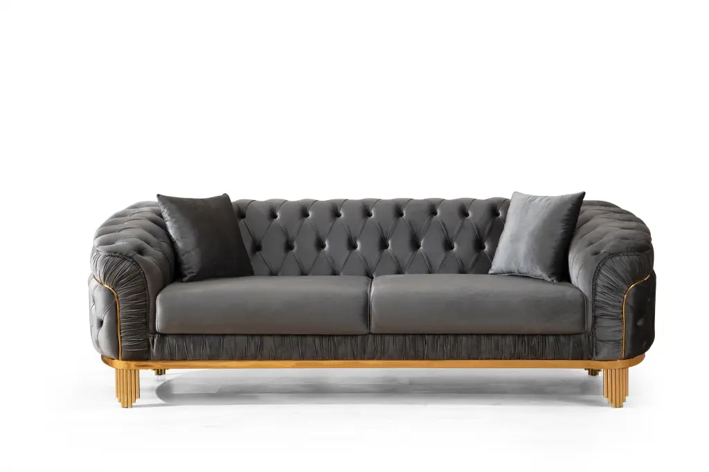 2 Piece Living Room Set Grey Gold Fabric Button Tufted Velvet Sofa galaxy home furnishings