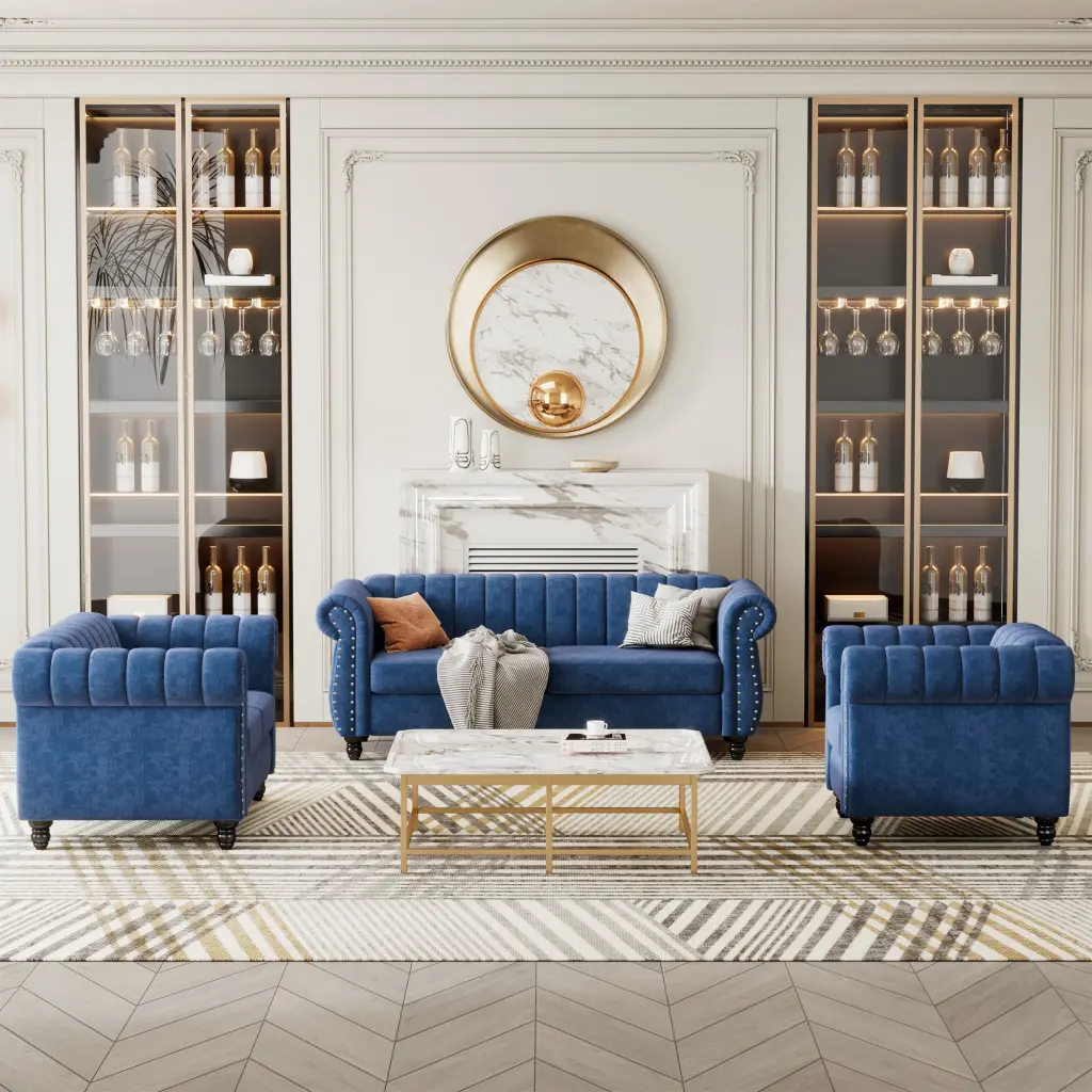Modern Three Piece Sofa Set Solid Wood Legs Buttoned Tufted Back rnb