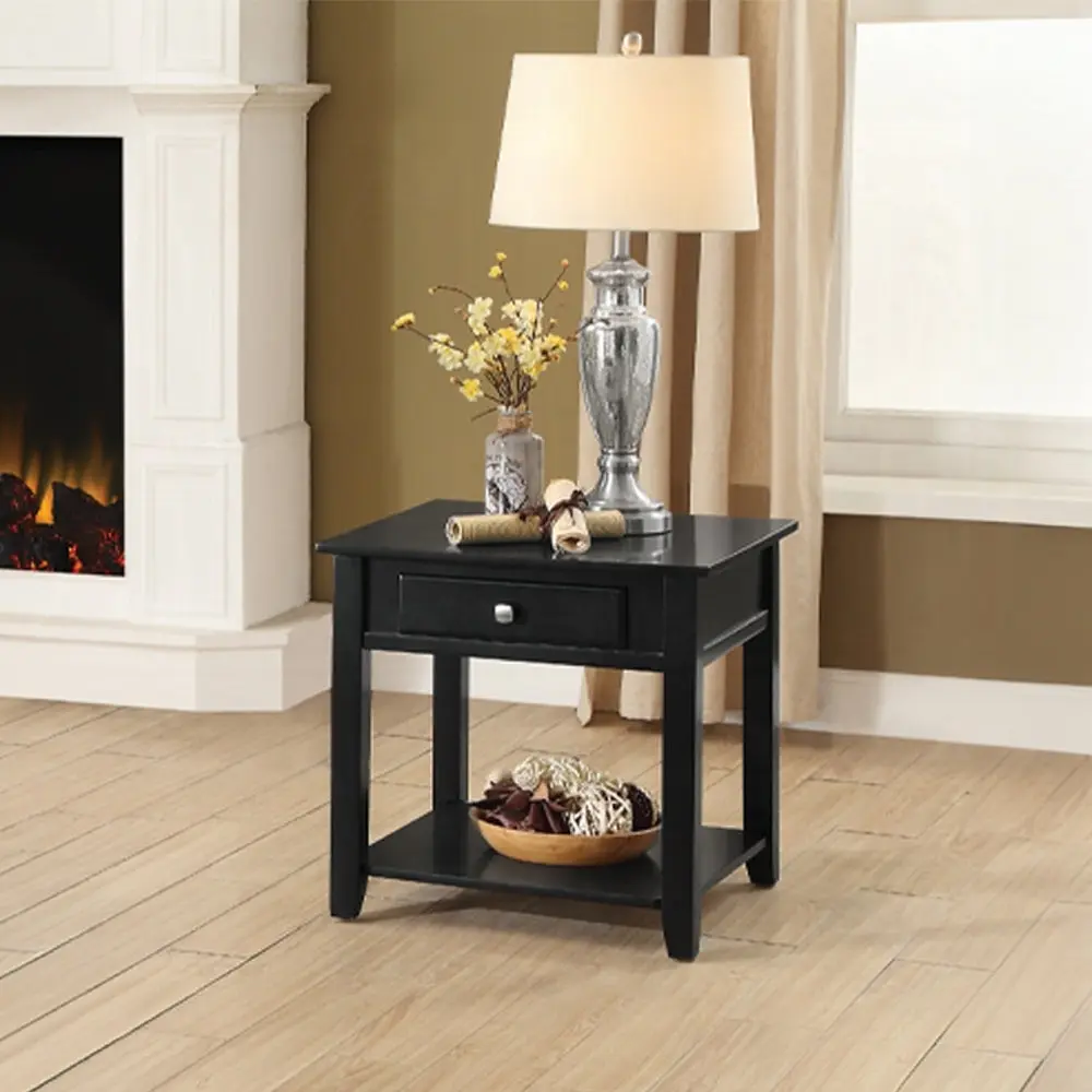 Black End Table Bottom Shelf Black Primary Living Space Drawers Rectangular Design furniture max