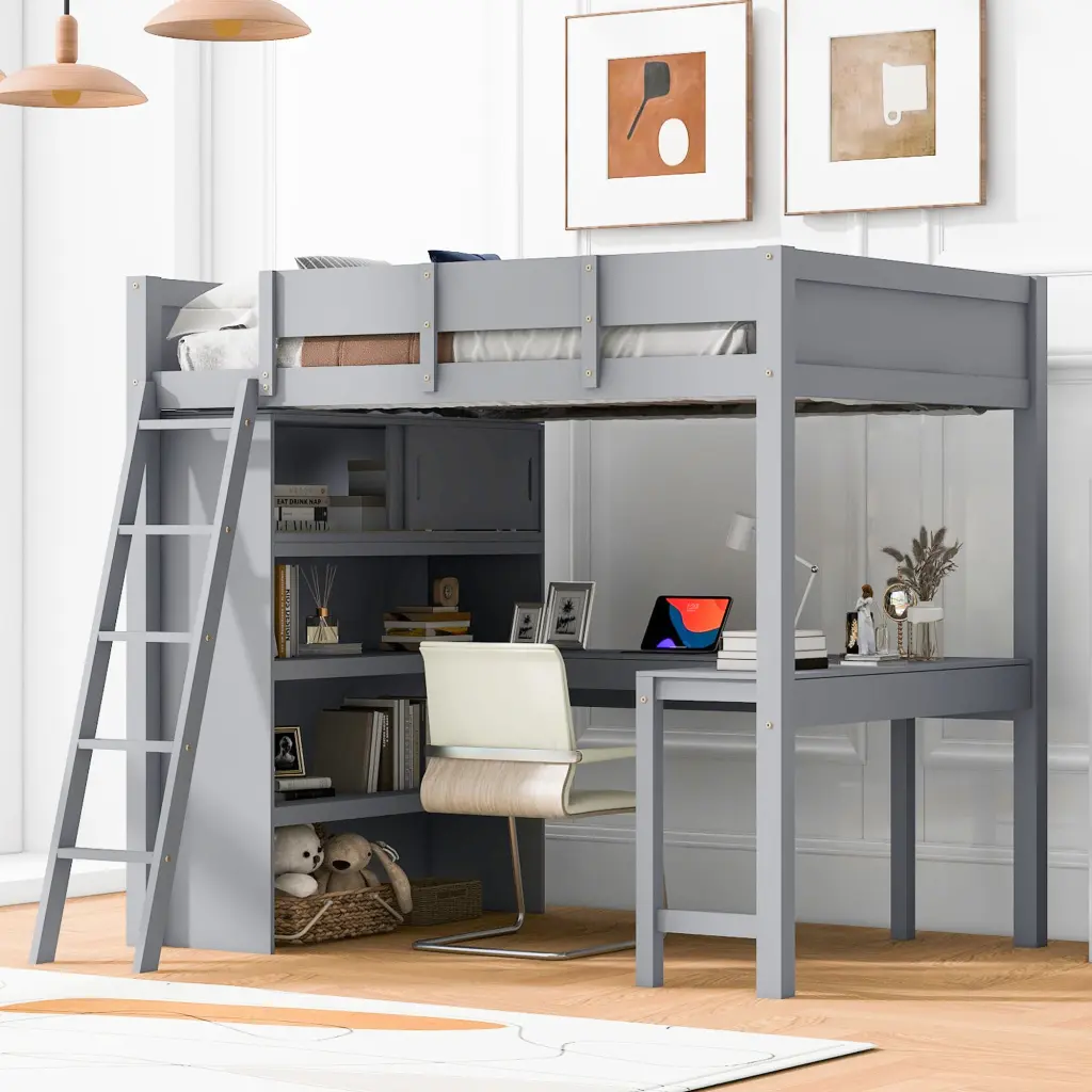 Full Size Loft Bed Desk and Shelf Gray Solid Wood Construction lucky furniture