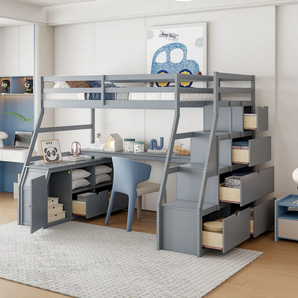 Full Size Loft Bed 7 Drawers 2 Shelves and Desk Gray lucky furniture