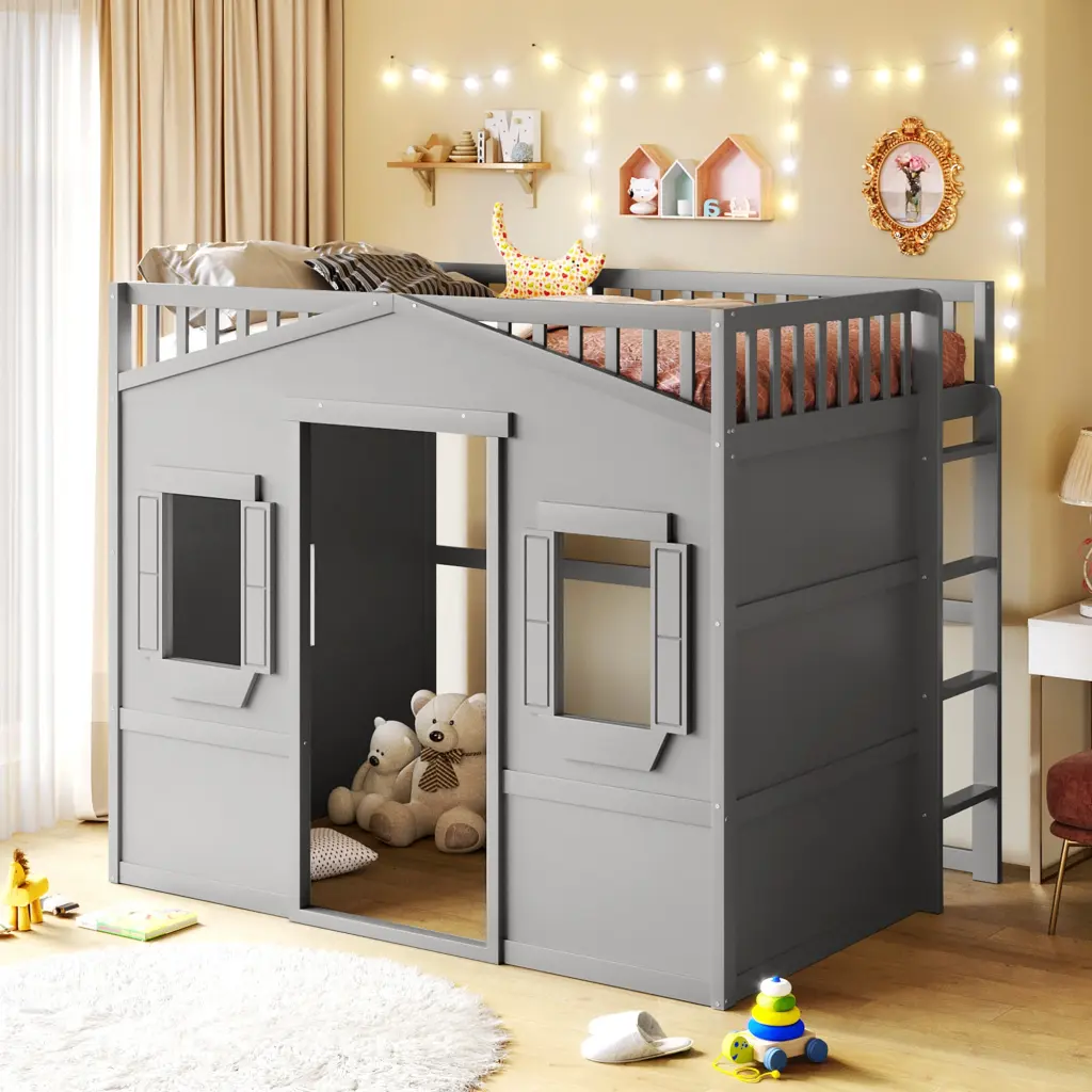 Full Size Loft Bed Ladder Gray Solid Wood lucky furniture
