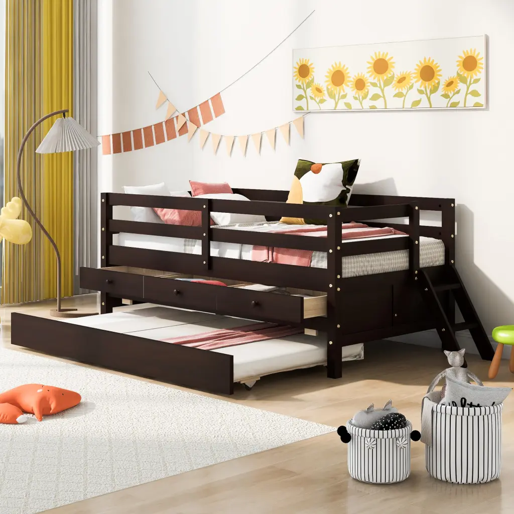 Low Loft Bed Twin Size Full Security Fence, Climbing Ladder, Storage lucky furniture