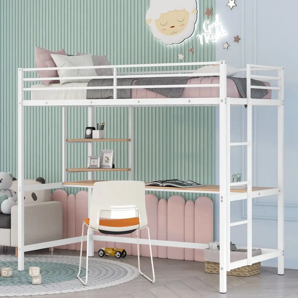 Twin Metal Loft Bed Desk And Shelve White Space Saving Bed Frame lucky furniture