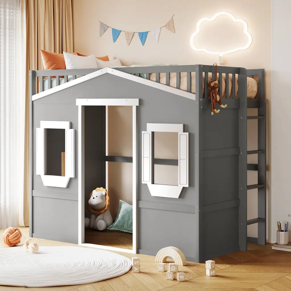 Twin Size Houtilize Loft Bed Ladder Gray White Frame White Gray Solid lucky furniture