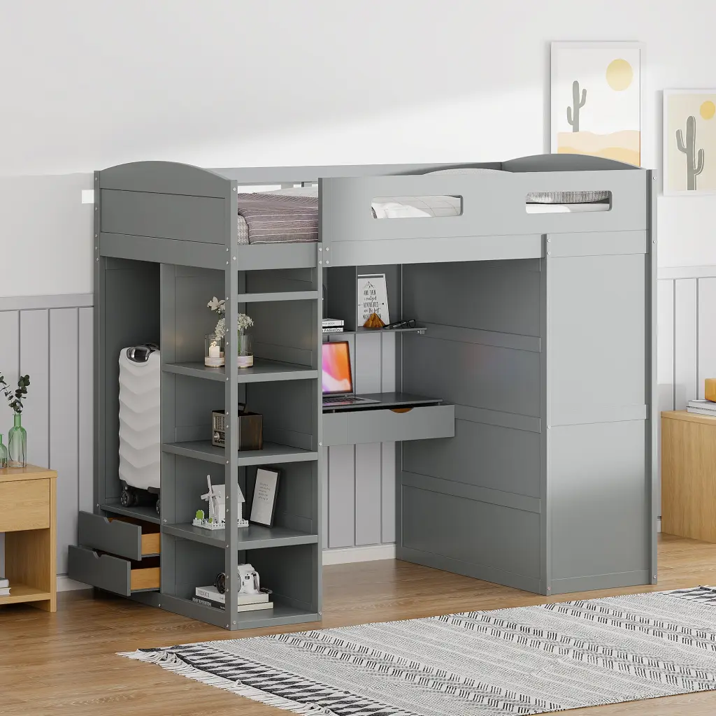 Twin Size Loft Bed Desk Wardrobes 4 Drawers and 4 Shelves Gray lucky furniture