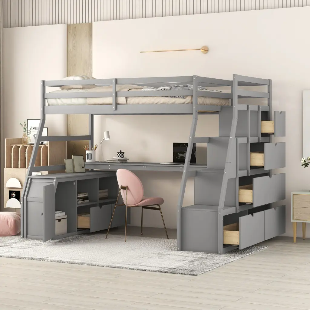 Twin Size Loft Bed 7 Drawers 2 Shelves and Desk Gray Plywood lucky furniture