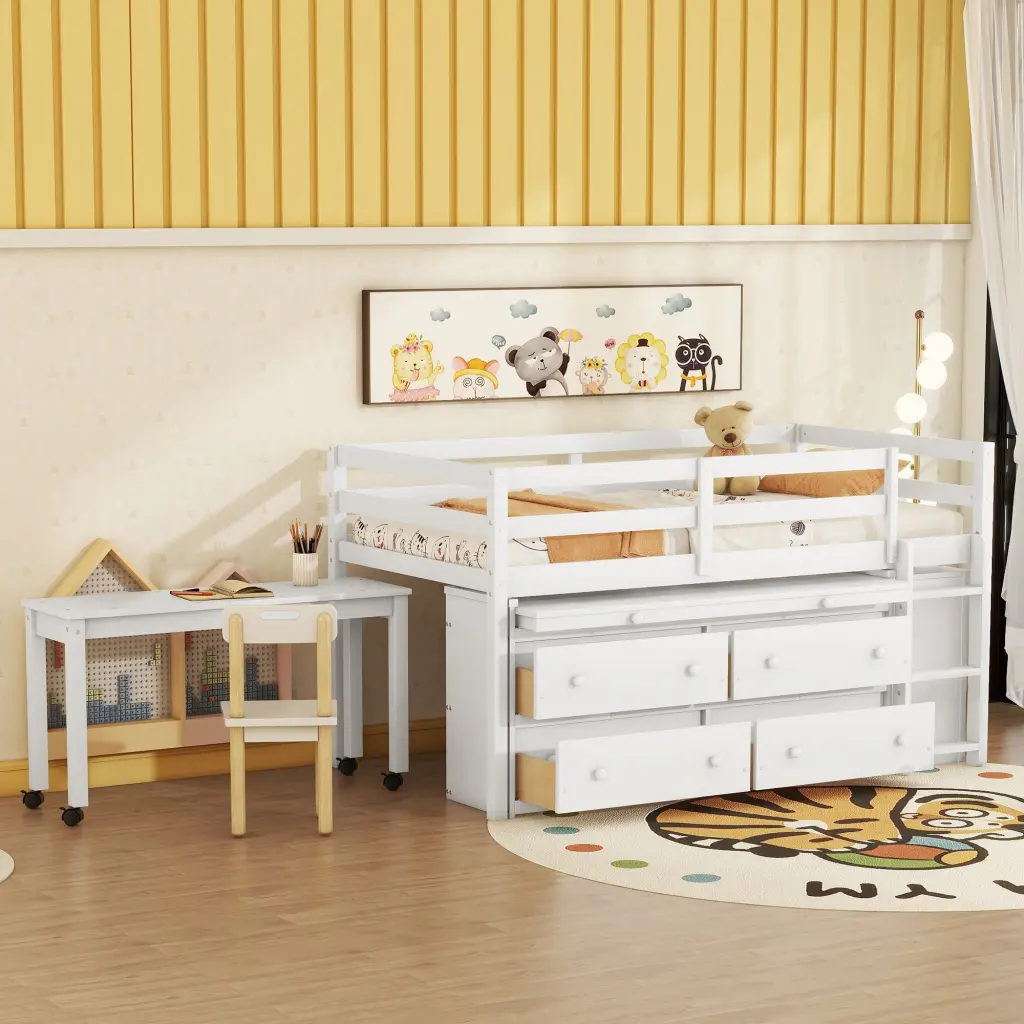 Twin Size Loft Bed Retractable Writing Desk And 4 Drawers Wooden Frame lucky furniture
